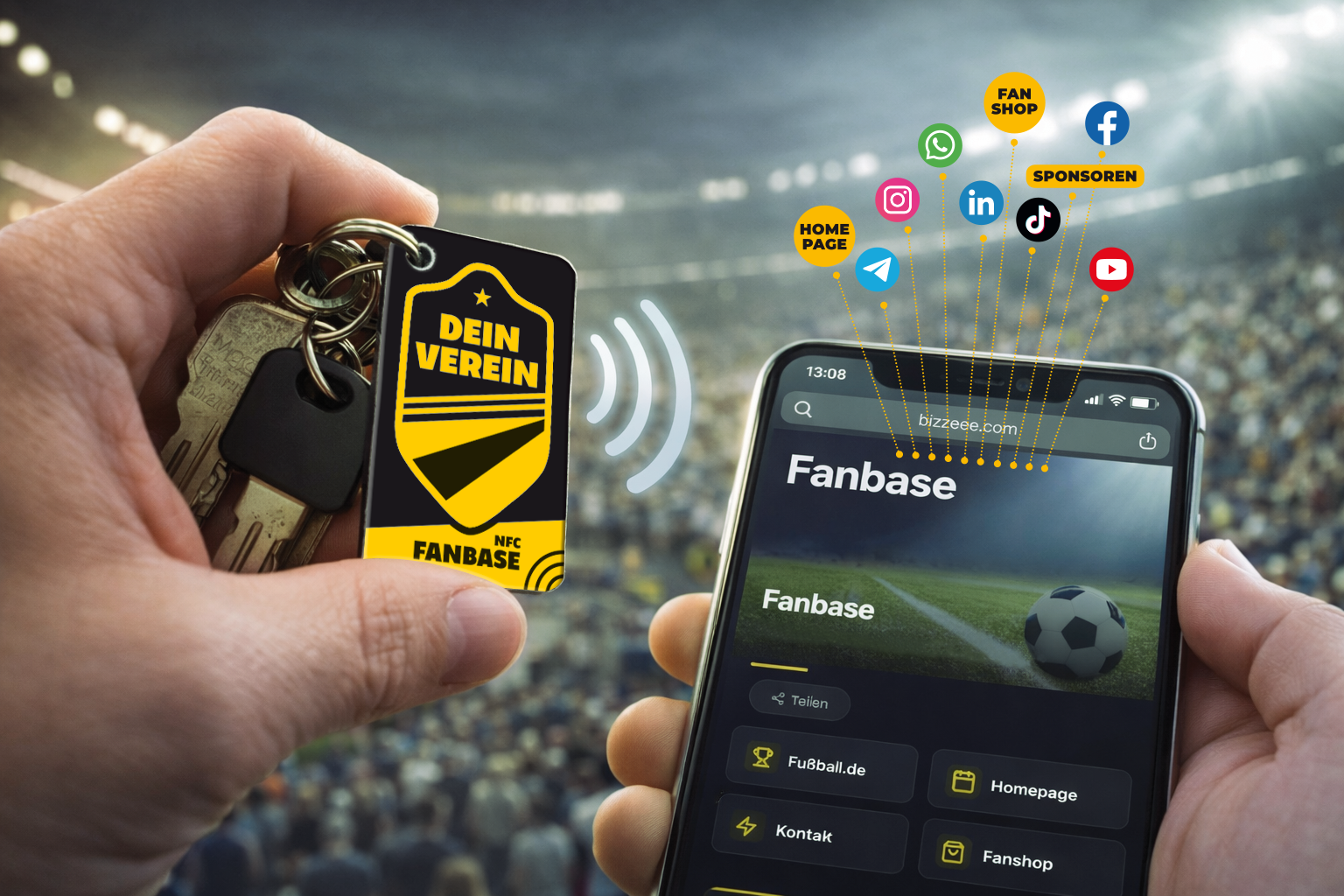 NFC-Scan des FanTAG Schlüsselanhängers am Smartphone im Stadion