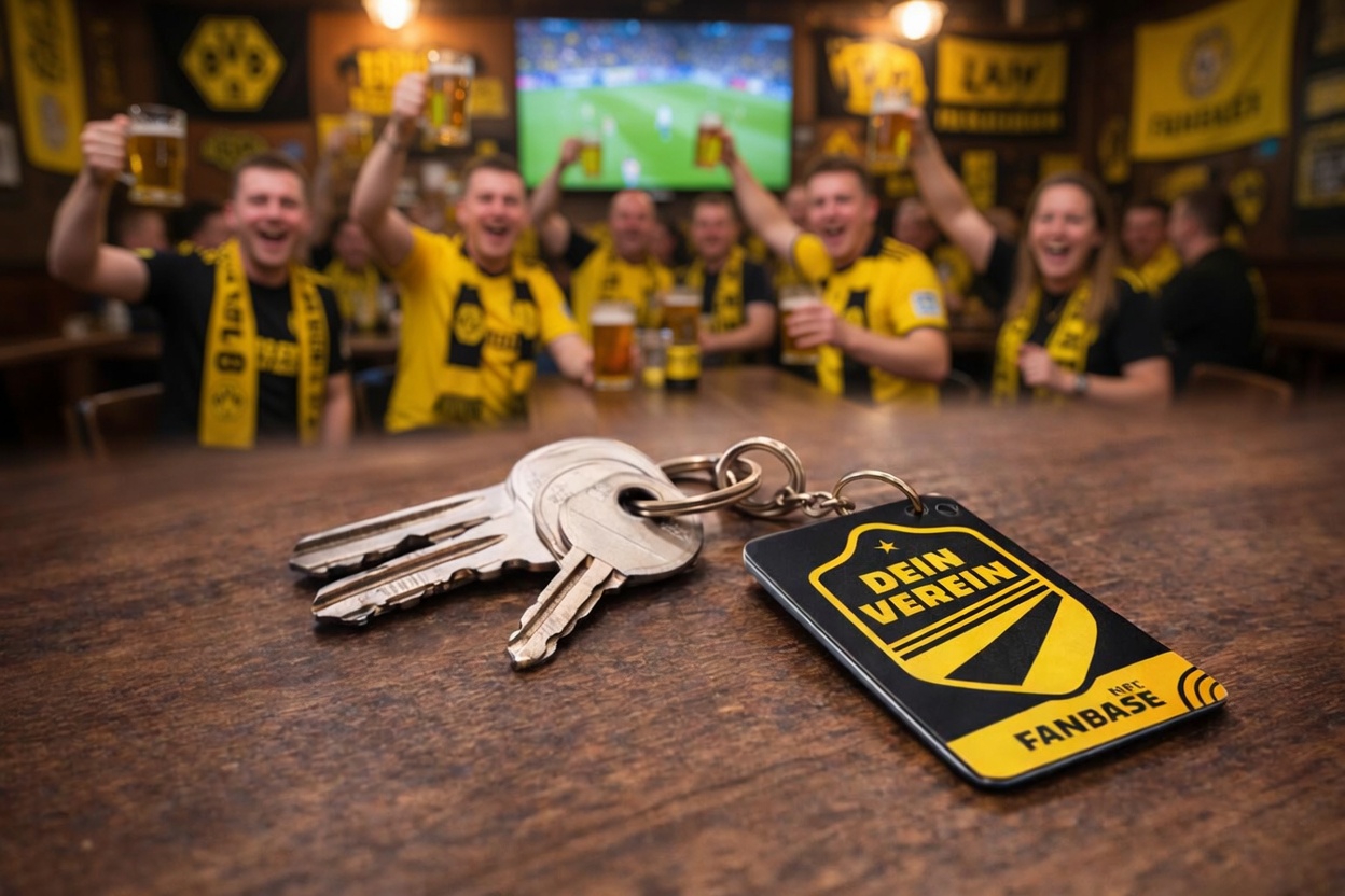 FanTAG Schl&uuml;sselanh&auml;nger mit jubelnden Fans im Hintergrund