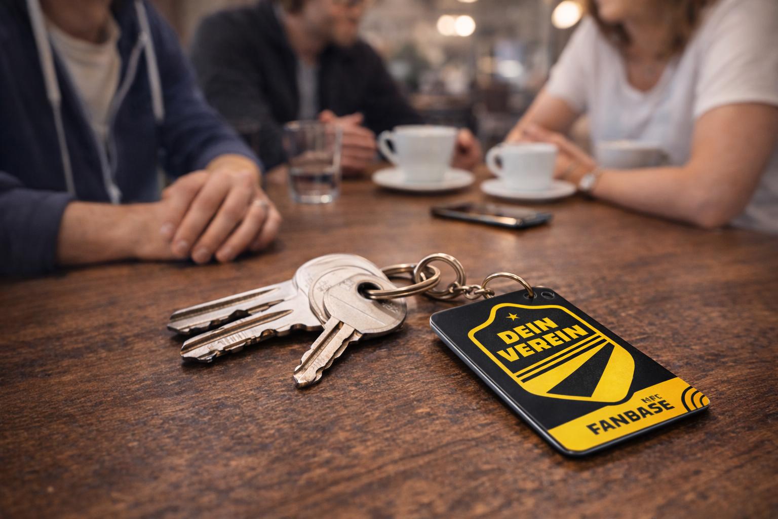 FanTAG Schl&uuml;sselanh&auml;nger mit Schl&uuml;sseln auf Tisch im Caf&eacute;